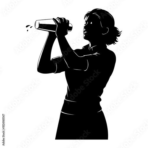 Silhouette of a woman shaking a cocktail shaker in a black and white image