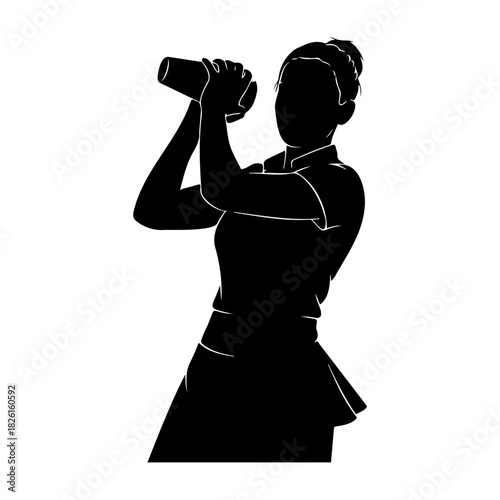 Silhouette of a woman shaking a cocktail shaker in a black and white art