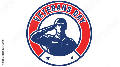 Isolated emblem featuring a heroic soldier silhouette saluting inside a circular patriotic badge, crisp vector edges, bold lines, premium modern design, perfect for Veterans Day branding.