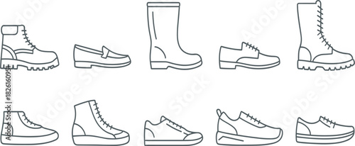 Set of Ten Footwear Shoe Line Icons, Boots Loafers Sneakers Dress Shoes Symbols, Simple Minimalist Fashion Apparel Outline Vector Collection