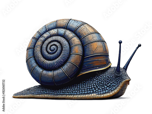 A highly detailed illustration of a blue snail with a large, textured, coppery-brown spiral shell on a white background.