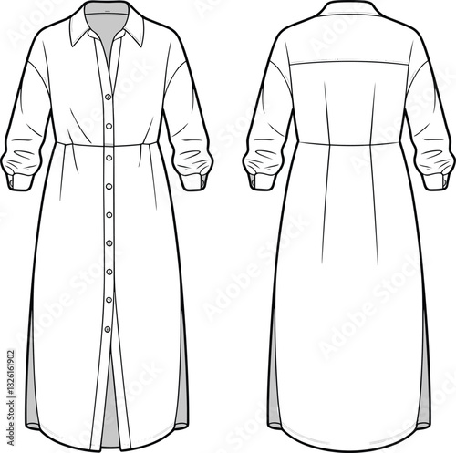 Long sleeve button down shirt dress fashion template with front and back flat sketch, vector garment design illustration for apparel development