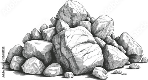 Detailed Rock Pile Sketch Illustration, Heap of Stones Vintage Engraving Texture, Geology Nature Landscape Construction Vector Graphic