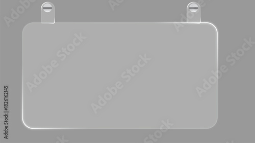 Isolated transparent acrylic sign hanging mockup with rounded corners and metal hangers ideal for customizable text and graphics display on a neutral background