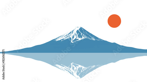 Minimalist illustration of mount fuji reflecting in water with sun