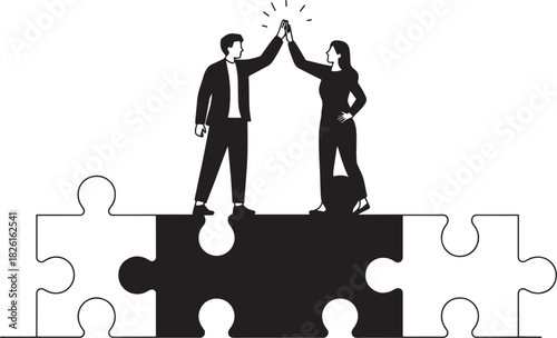 Two people highfiving while standing on connected puzzle piece blocks