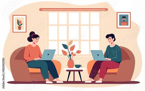 people working on laptops in cozy living room clip art preview