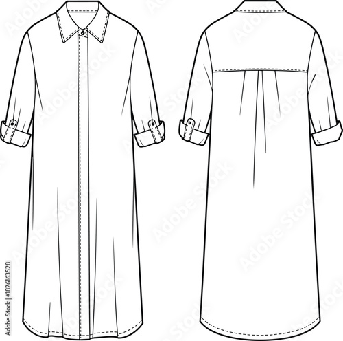 Long sleeve roll tab shirt dress fashion template with front placket and back yoke, vector garment flat sketch for apparel design illustration