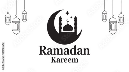 Ramadan kareem greeting card design with crescent moon and mosque silhouette