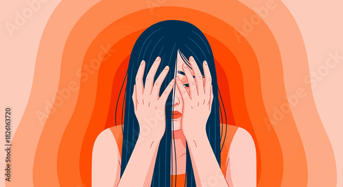 A woman with long dark hair covers her face with her hands, appearing distressed against a backdrop of concentric orange rings.