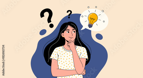 A young woman ponders a question, with a thought bubble showing an illuminated lightbulb, representing an idea.