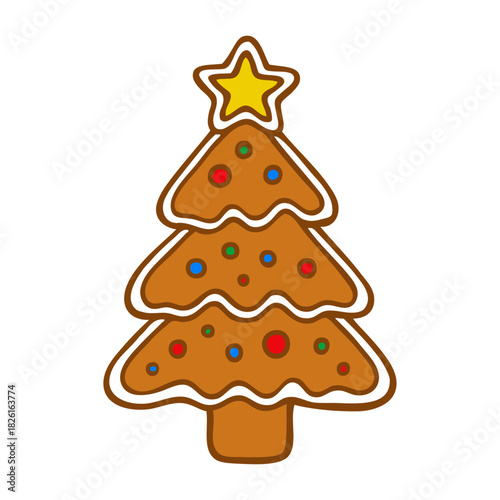 Dibujo sencillo con líneas de árbol de navidad con estrella y bolas de pan de jengibre para tarjetas y felicitaciones de Navidad