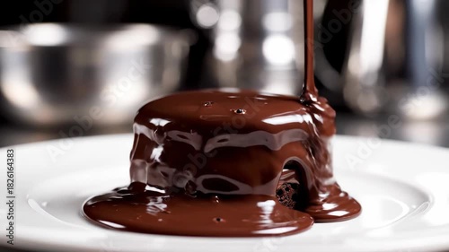 Decadent chocolate dessert being drizzled with rich sauce in kitchen setting