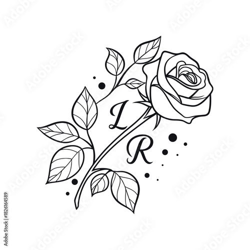Elegant rose branch with monogram letters l and r and scattered dots