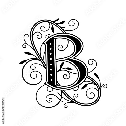 Ornate black letter b with flourishes and swirls in vintage style