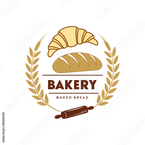 Artistic bakery logo featuring croissant bread and rolling pin
