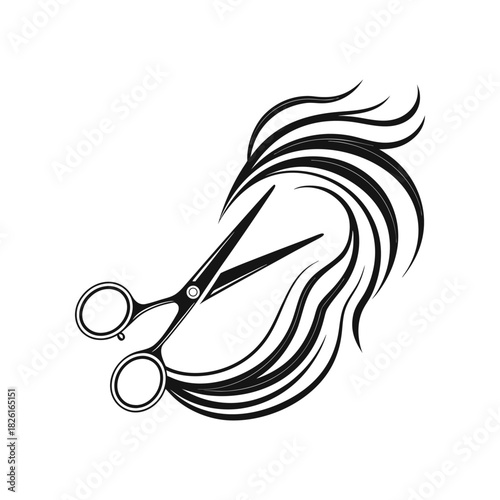 Stylized illustration of scissors cutting flowing hair in a dynamic design