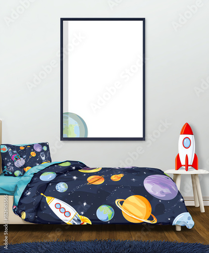 Mockup of Kids Bedroom with Space Themed Bedding and Empty Frame