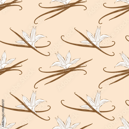 Creamy pattern with aromatic Vanilla spices, flowers and vanilla sticks on beige background.