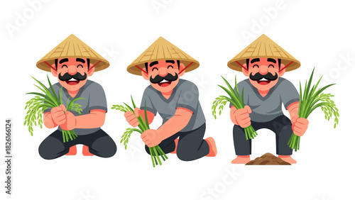 Three cartoon farmers with mustaches and conical hats harvesting green rice plants.