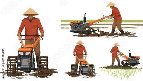 Set of illustrations showing an Asian farmer in a conical hat operating a power tiller in a muddy rice paddy field.