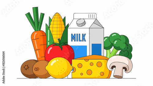 Illustration of various healthy food items including fruits, vegetables, dairy, and grains.