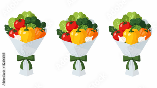 Three vegetable bouquets featuring tomatoes, peppers, and lettuce, wrapped in white paper and tied with green ribbons.