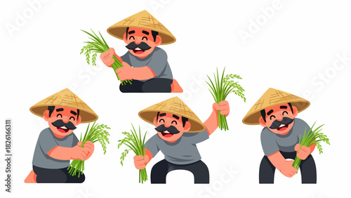 Illustration of a farmer in a conical hat harvesting rice, showing different poses.