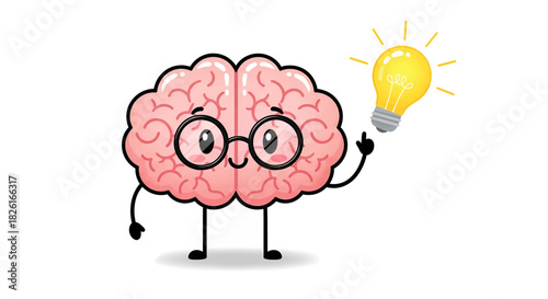 Cartoon brain wearing glasses with a lightbulb idea.