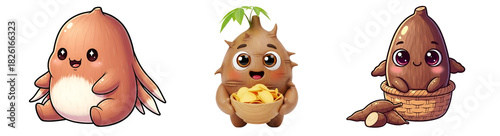 Three cartoon root vegetables characters with big eyes and smiles against a plain backdrop on transparent background