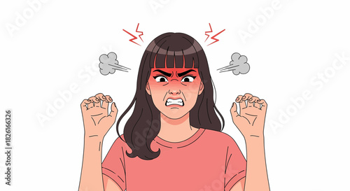 An illustrated portrait of a furious young woman with a red face, clenched fists, and steam coming from her head.