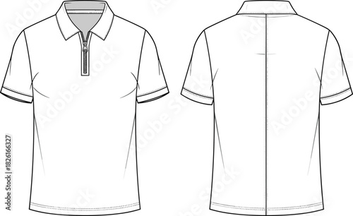 Short sleeve zip polo shirt fashion flat sketch, technical apparel vector template with collar, zipper placket and stitching details for womenswear design