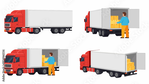 Illustration of a red semi-truck with a white trailer, showing the process of loading and unloading goods.