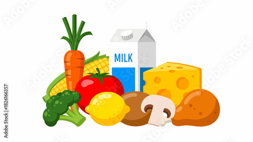 An assortment of healthy food items including fresh vegetables, fruit, dairy products, and meat on a white background.