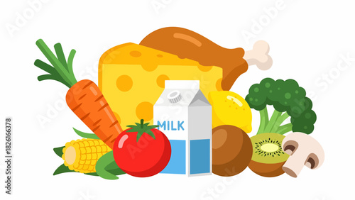 A colorful illustration of various healthy food groups including vegetables, fruits, dairy, and meat.
