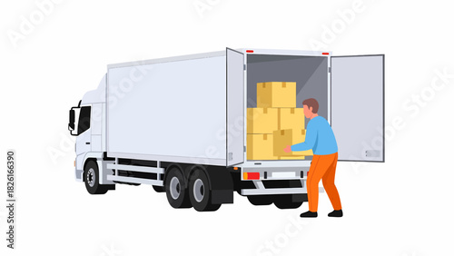 Man loading cardboard boxes into the back of a white delivery truck.