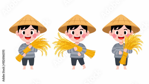 Three cartoon farmers holding wheat, wearing conical hats, smiling, and dressed in gray shirts and dark pants.