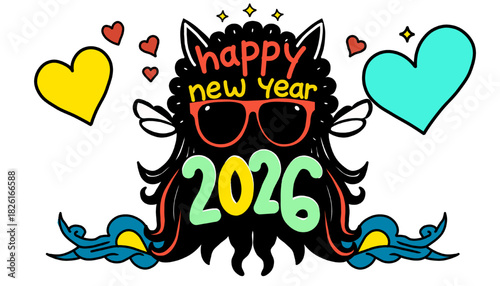 happy new year 2026 with colorful whimsical design on transparent background. Graphic design illustration.
