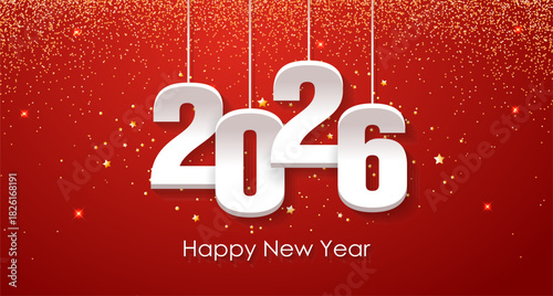 Happy new year 2026. Hanging white paper number with gold confetti on a colorful red background. Illustration for the festive New Year 2026