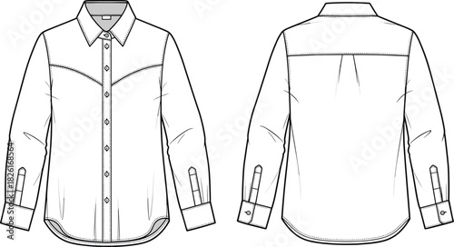 Technical flat sketch of button-down long sleeve shirt, detailed fashion design template, apparel construction outline for sewing pattern, production, and manufacturing