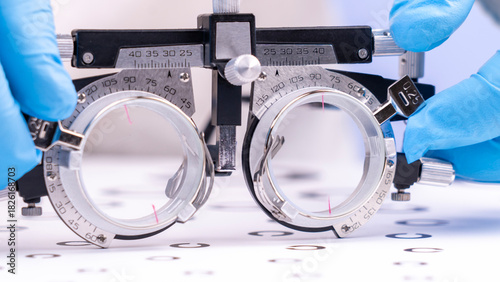 A vision specialist, wearing blue gloves, assesses visual sharpness using a unique set of glasses for lens selection. High quality photo