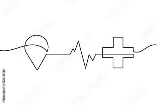 Simple one line art location pin ecg  and medical cross continuous drawing