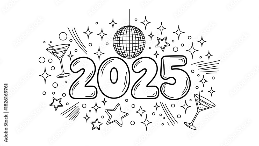 Fototapeta premium Retro Disco Hand Lettered 2025 New Year Typography with Groovy Party Doodles and Sparkles