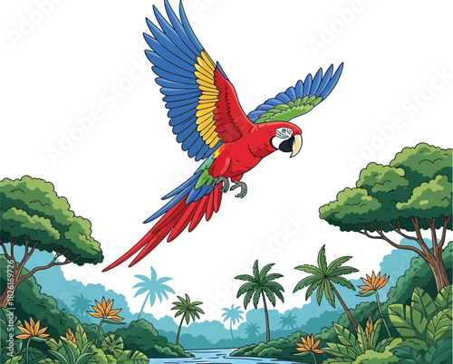 Colorful macaw parrot flying over a vibrant jungle landscape illustration