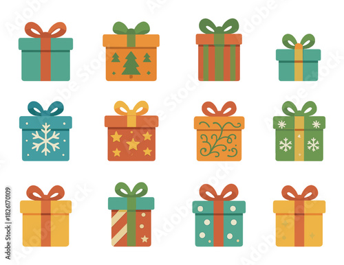 Colorful holiday-themed gift boxes with decorative patterns and bows