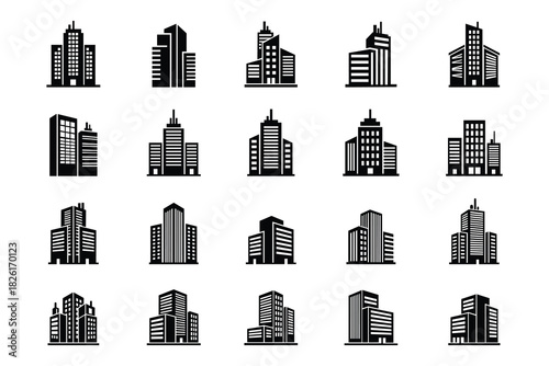 city skyscraper building icons black silhouette vector set