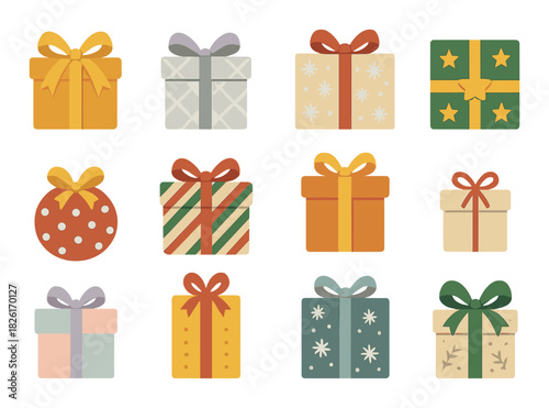 Variety of festively wrapped gift boxes with bows and patterns