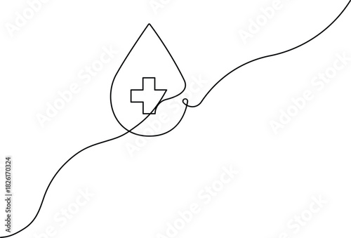 Simple one line art medical cross inside blood drop continuous drawing