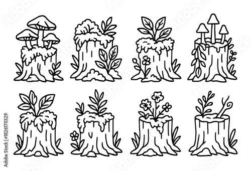 Whimsical tree stump designs with mushrooms and leaves