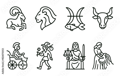 Zodiac symbols on green background: aries, leo, pisces, taurus, sagittarius, libra, aquarius